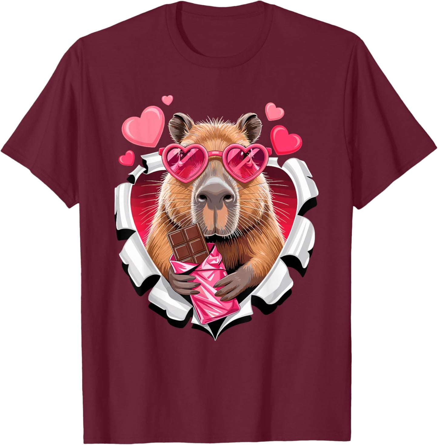 Cute Capybara with Chocolate Valentine Hearts Love T-Shirt - T-Shirt | Maroon