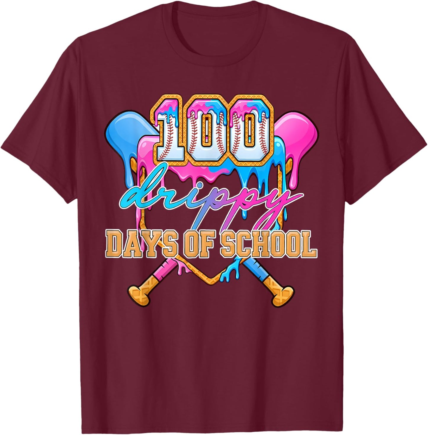 100 Drippy Days of School Baseball Ice Cream Drip Boys Kids T-Shirt - T-Shirt | Maroon