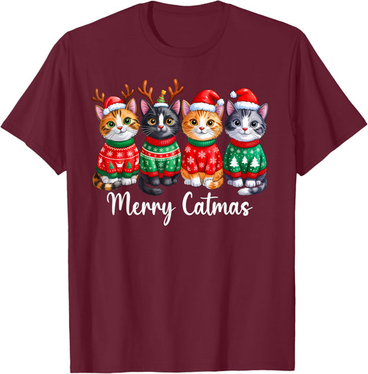 Merry Catmas Santa Reindeer Christmas Cat Lover Xmas Pajamas T-Shirt - T-Shirt | Maroon