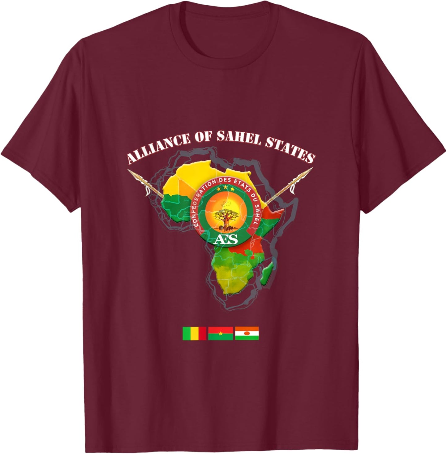 Burkina Faso, Mali and Niger, AES African Continent Novelty T-Shirt - T-Shirt | Maroon