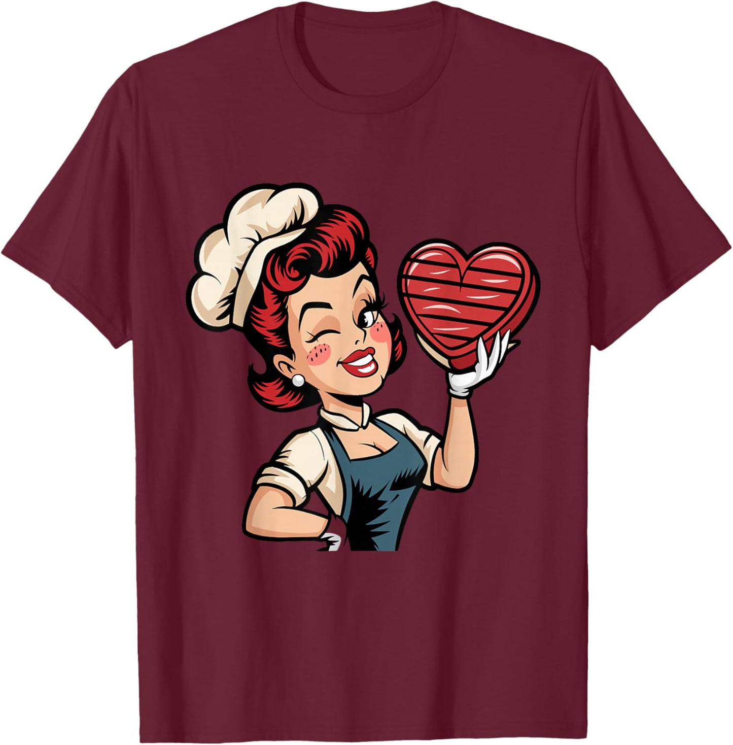 Valentines Retro Pinup Holding Heart T-Shirt - T-Shirt | Maroon