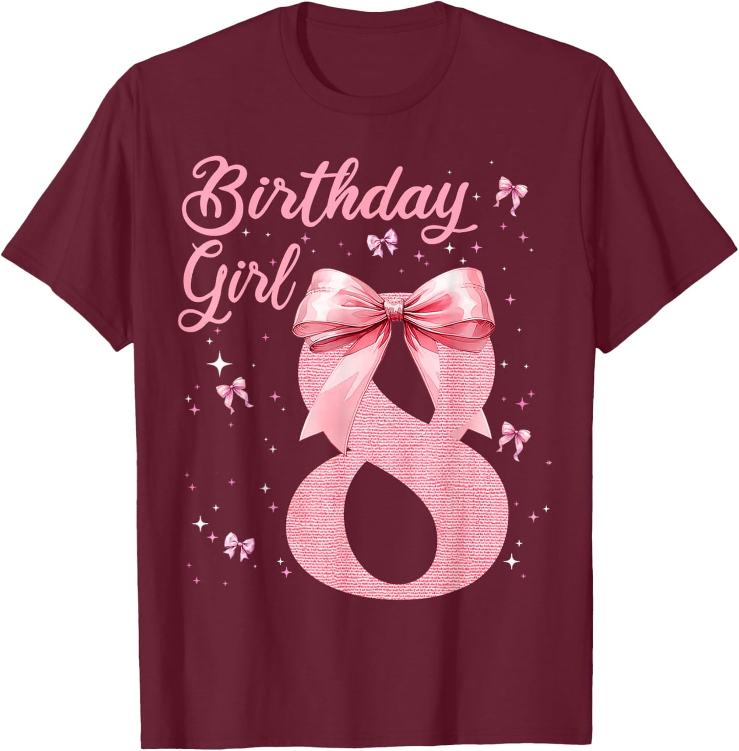 Kids 8th Birthday Girl Coquette Bow Theme 8 Year Old Girls T-Shirt - T-Shirt | Maroon