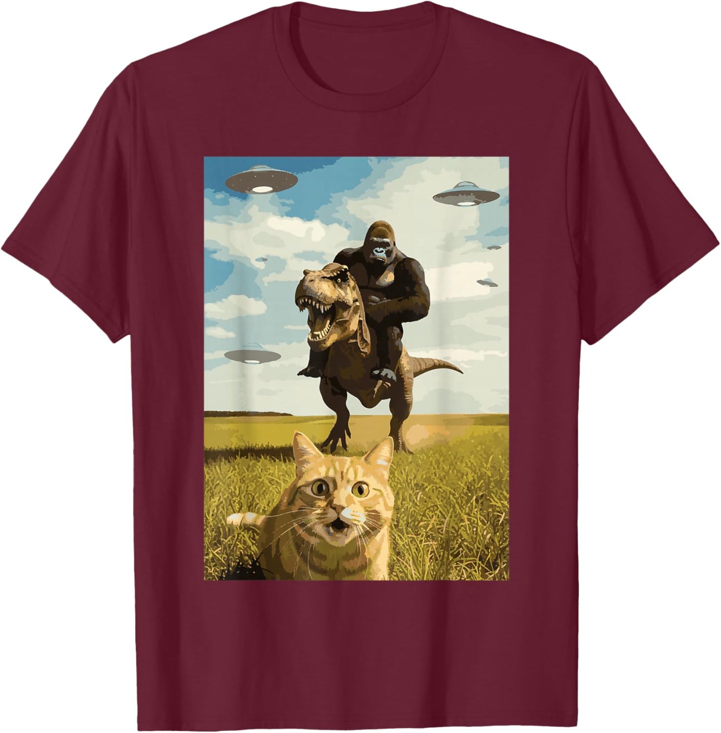 Cat Bigfoot On Dino UFO Selfie Funny Sasquatch Trex Meme Kid T-Shirt - T-Shirt | Maroon