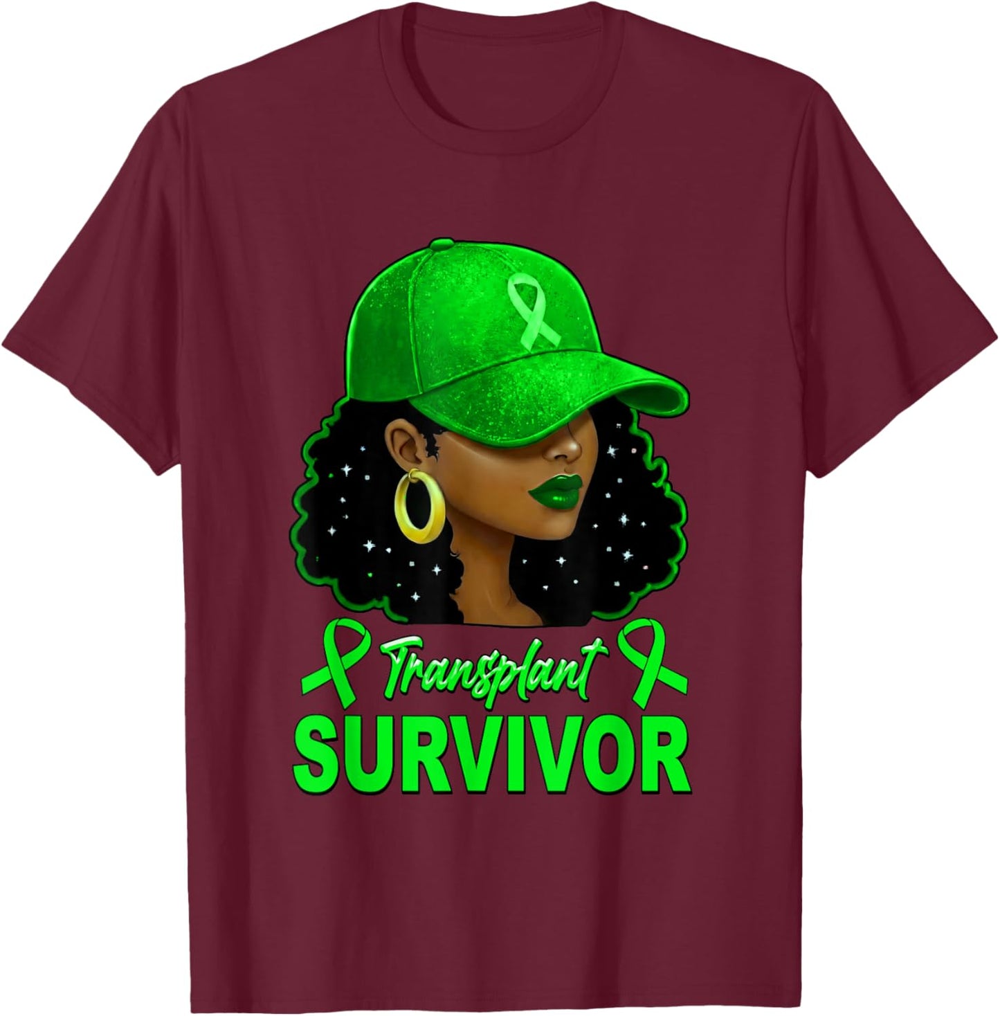 Transplant Survivor Kidney Recipient Green Ribbon Afro Woman T-Shirt - T-Shirt | Maroon