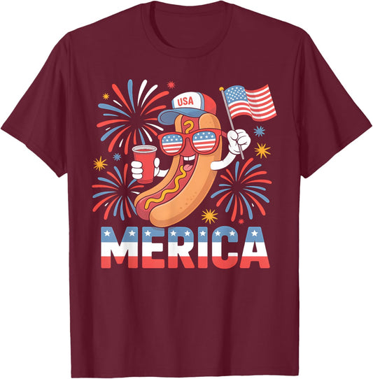Funny Patriotic Hotdog 'Merica Style 4th of July BBQ Humor T-Shirt - T-Shirt | Maroon