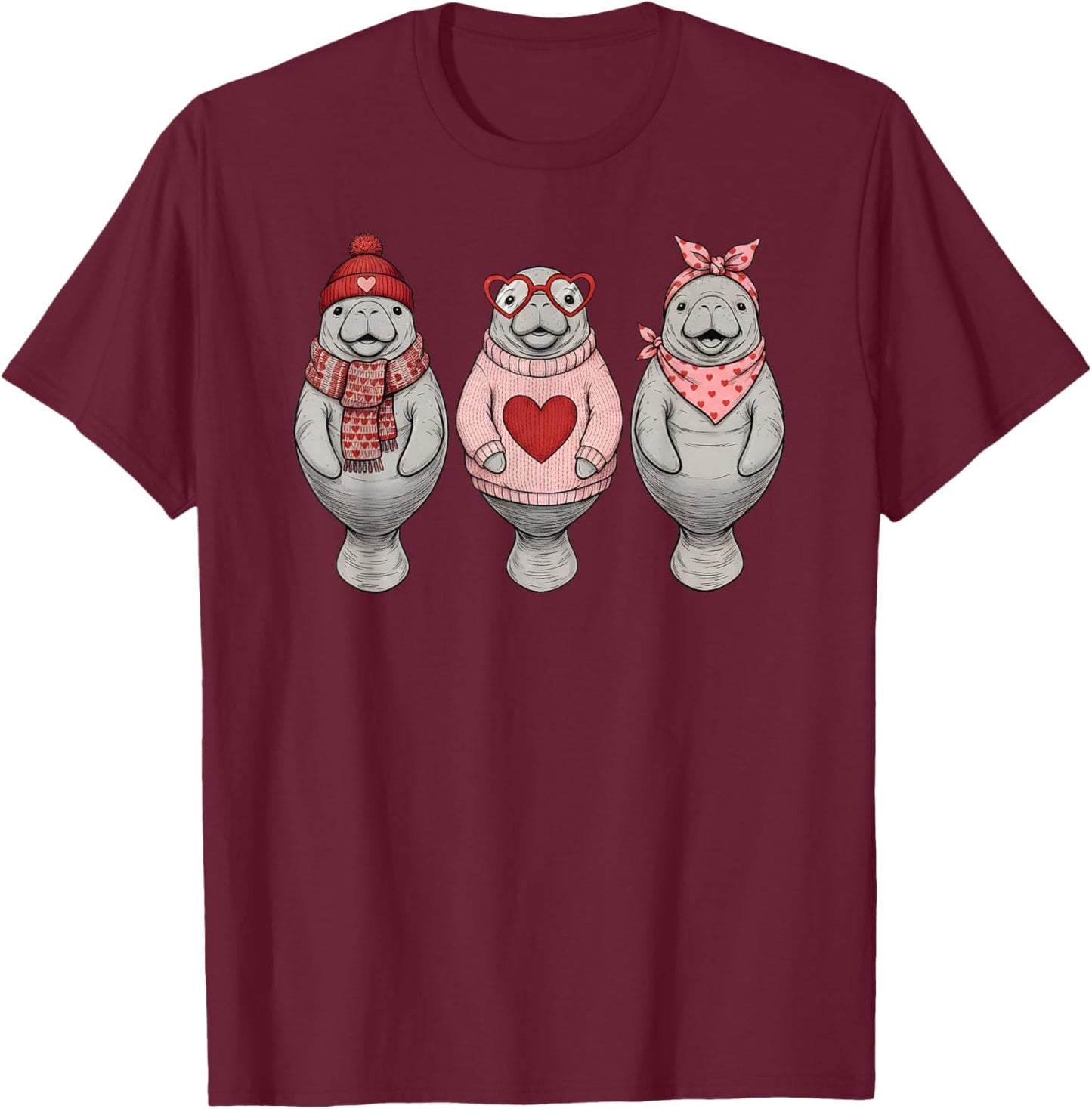 Retro Manatee Cute Valentine T-Shirt - T-Shirt | Maroon