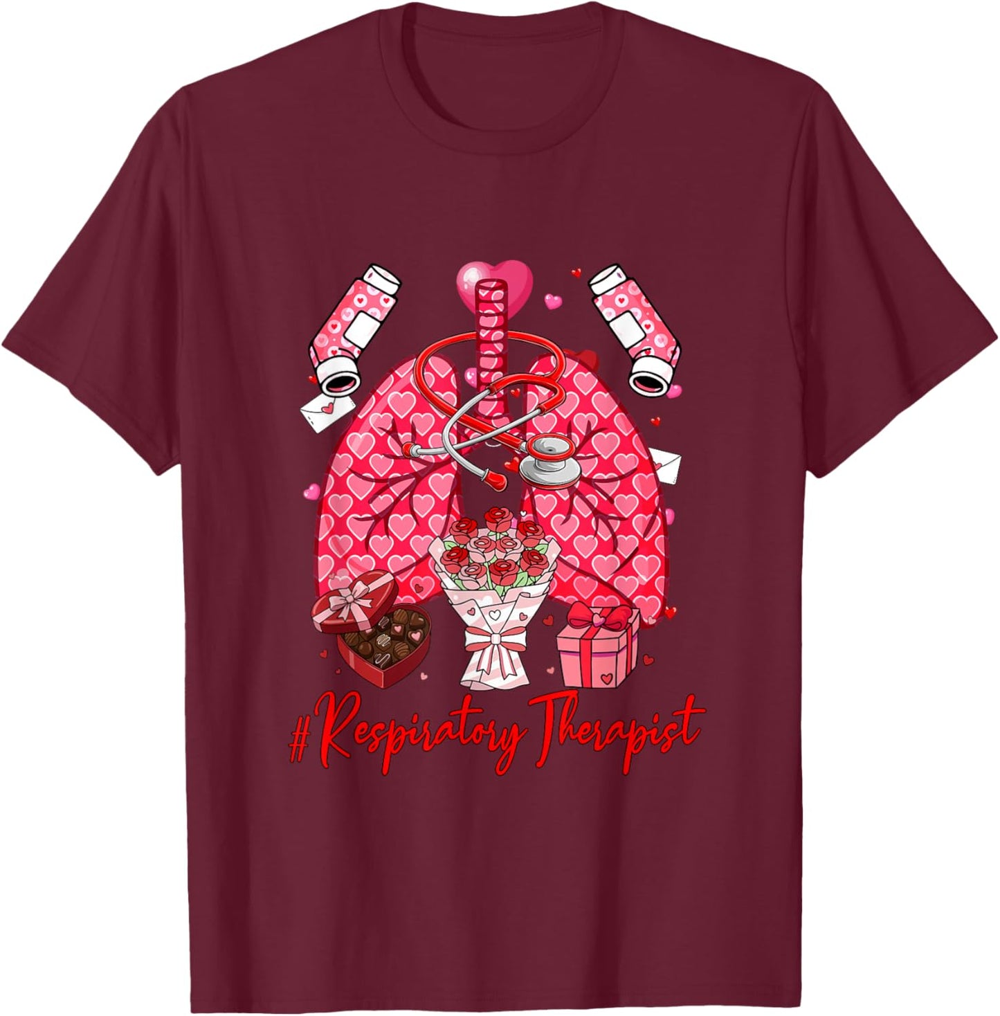 Respiratory Therapist Tools Hearts Flowers Valentine Single T-Shirt - T-Shirt | Maroon
