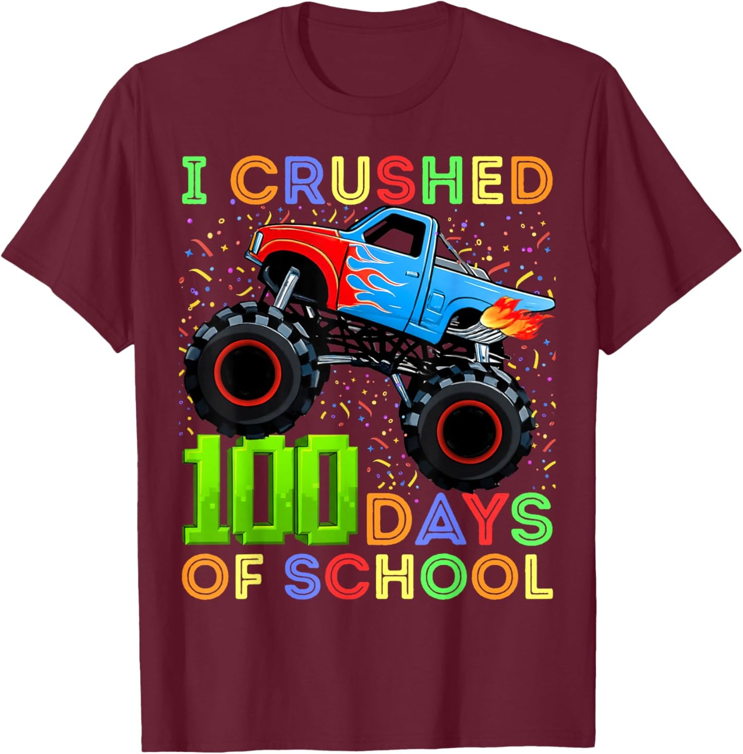 100 Days of School Monster Truck Boys 100th Day of School T-Shirt - T-Shirt | Maroon