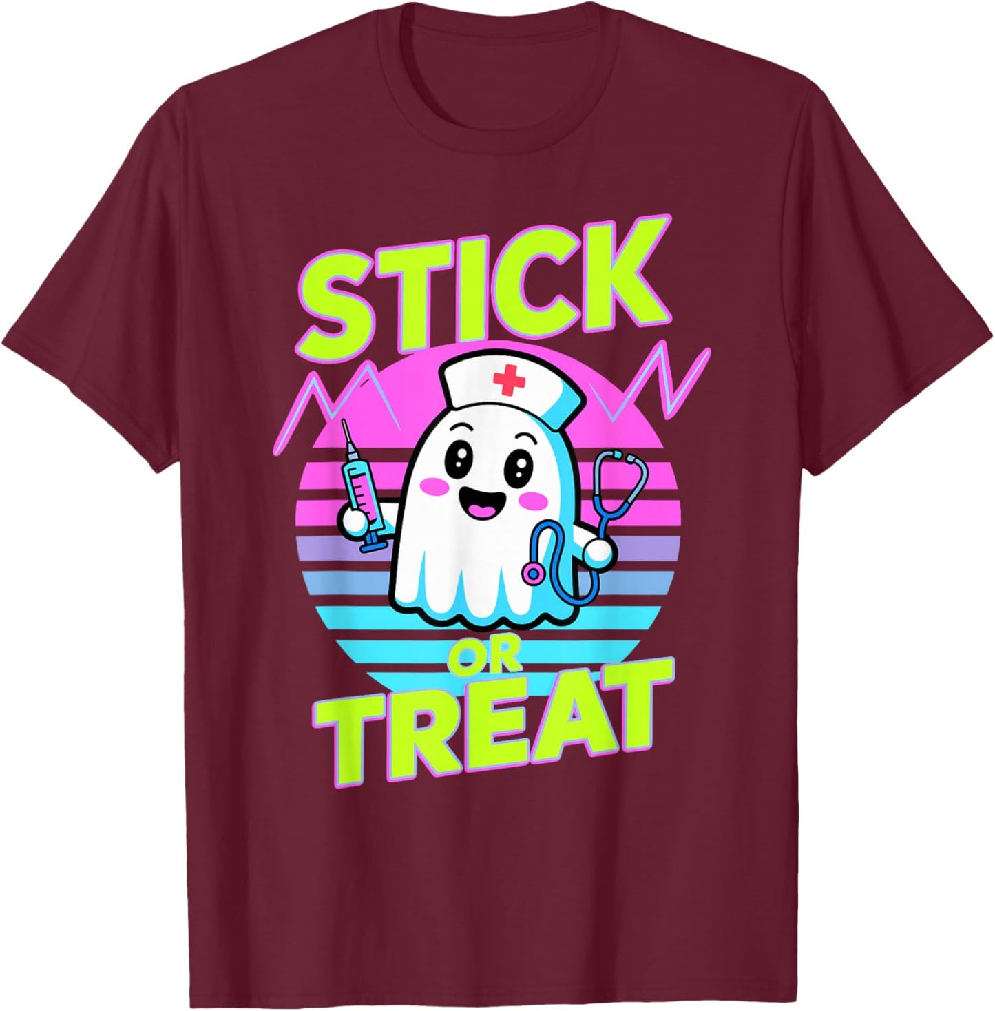 Halloween Stick Or Treat Ghost Nurse T-Shirt - T-Shirt | Maroon