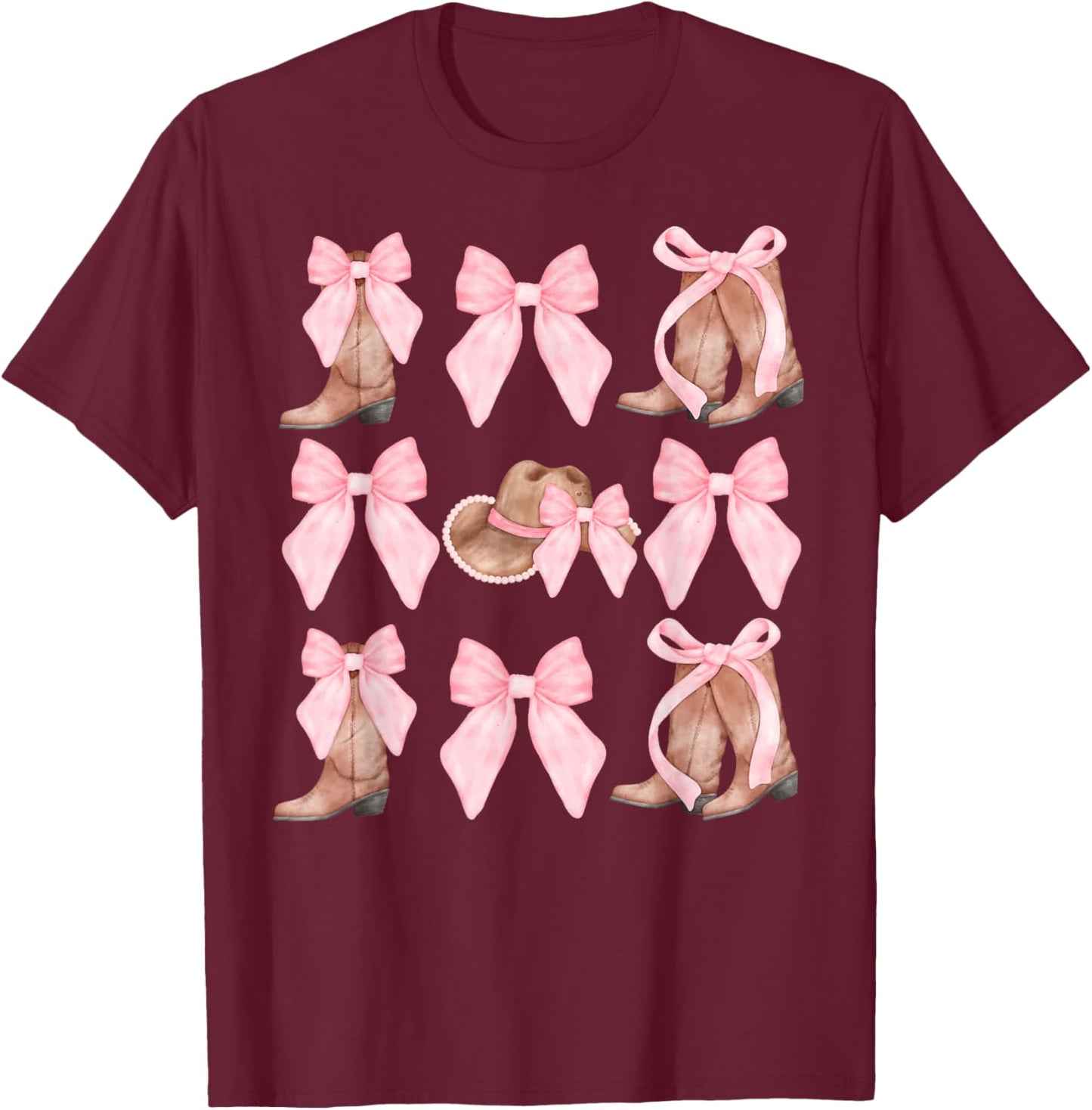 Western Coquette Cowgirl Pink Bows Boots Hats Y2K T-Shirt - T-Shirt | Maroon
