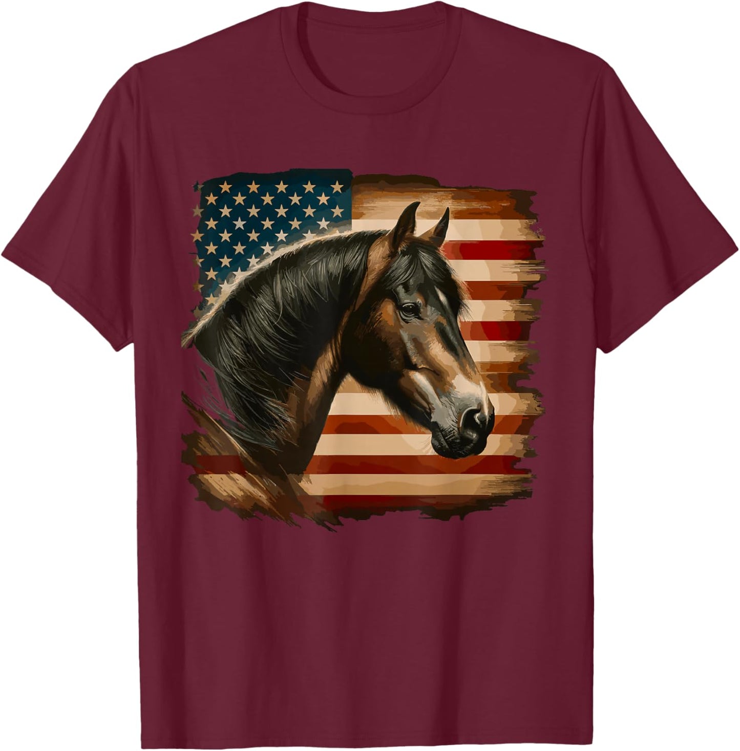 American Flag Patriotic Horse Horseback Riding Western Farm T-Shirt - T-Shirt | Maroon