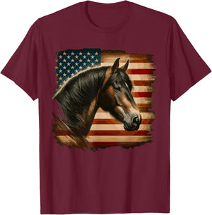 American Flag Patriotic Horse Horseback Riding Western Farm T-Shirt - T-Shirt | Maroon