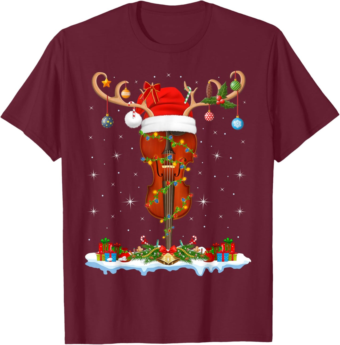 Violin Fiddle Christmas Lights Orchestra Violin Player Xmas T-Shirt - T-Shirt | Maroon
