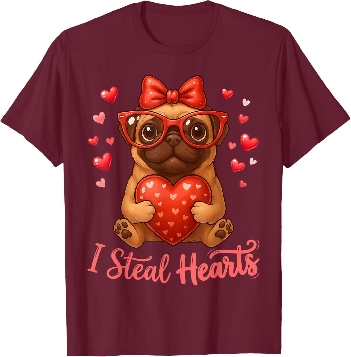 Pug Valentines Day Dog Lover Heart T-Shirt - T-Shirt | Maroon