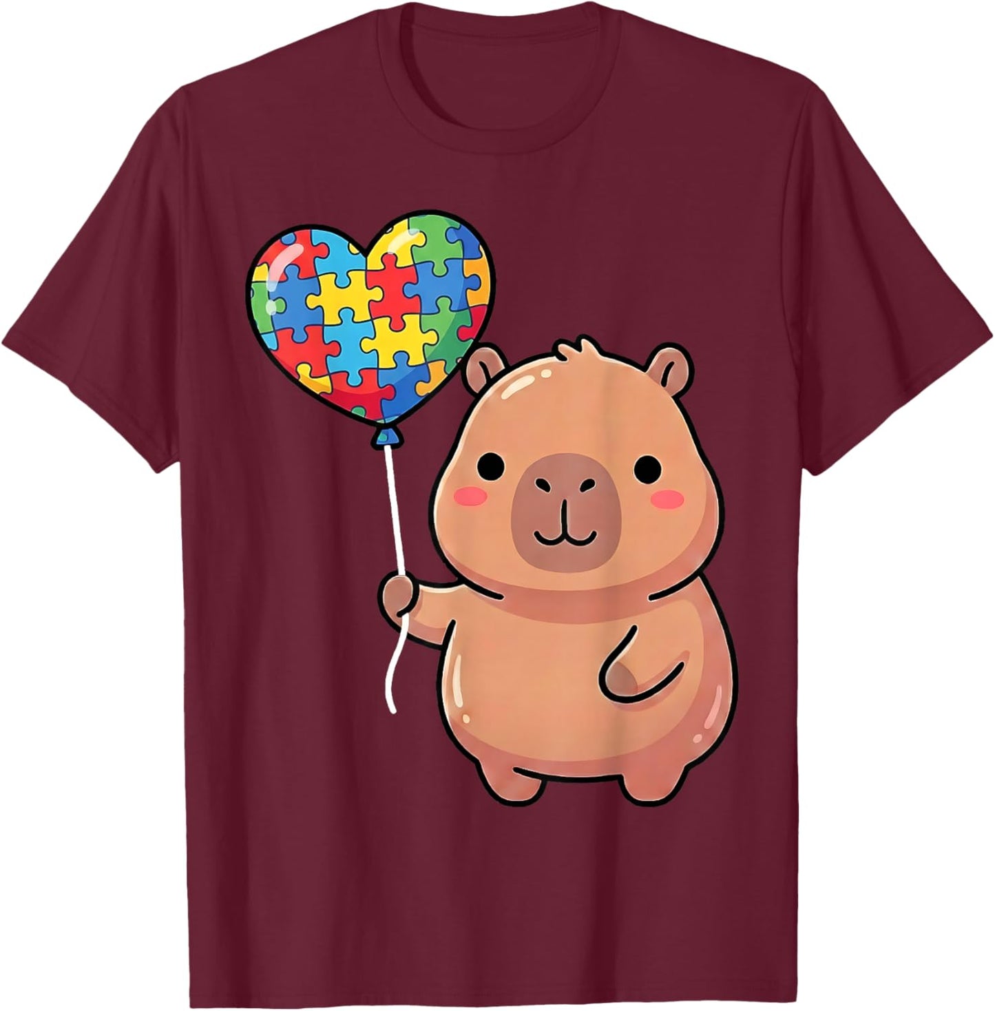Cute Capybara Holding Heart Puzzle Piece Balloon Kawaii Kids T-Shirt - T-Shirt | Maroon