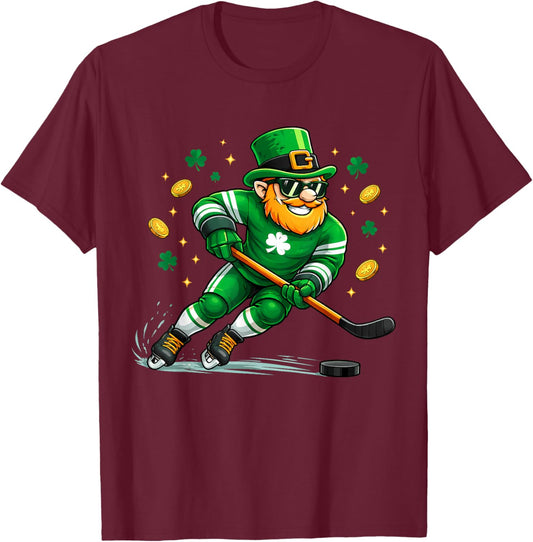 Leprechaun Play Hockey Funny St Patrick's Day Men Kid Boys T-Shirt - T-Shirt | Maroon
