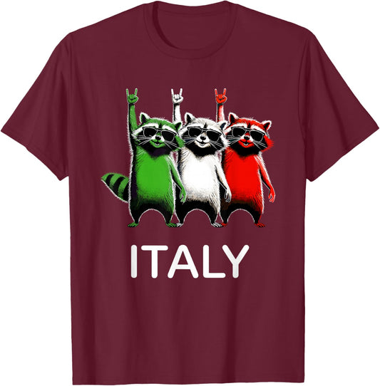 Italy Flag Funny Raccoon Men Women Kids Funny Italian T-Shirt - T-Shirt | Maroon