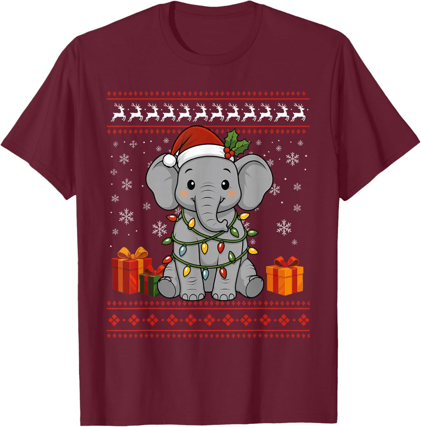 Elephant Christmas Ugly Sweater Elephant Graphic T-Shirt - T-Shirt | Maroon