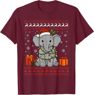 Elephant Christmas Ugly Sweater Elephant Graphic T-Shirt - T-Shirt | Maroon