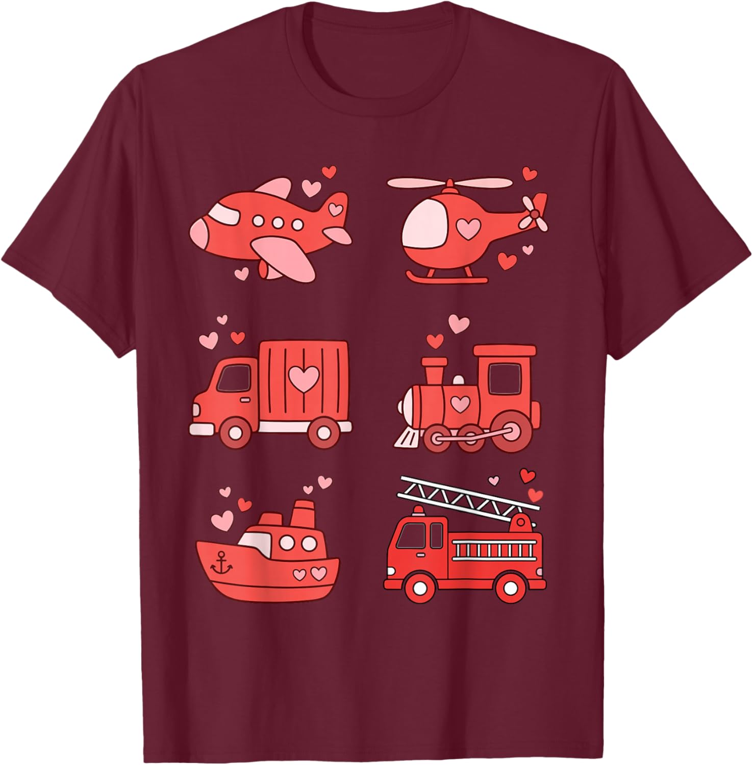 Different Vehicles Fire Truck Airplane Train Valentines T-Shirt - T-Shirt | Maroon