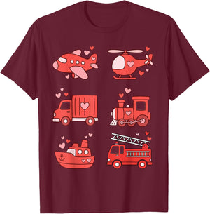 Different Vehicles Fire Truck Airplane Train Valentines T-Shirt - T-Shirt | Maroon