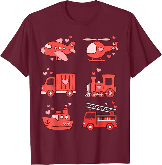 Different Vehicles Fire Truck Airplane Train Valentines T-Shirt - T-Shirt | Maroon