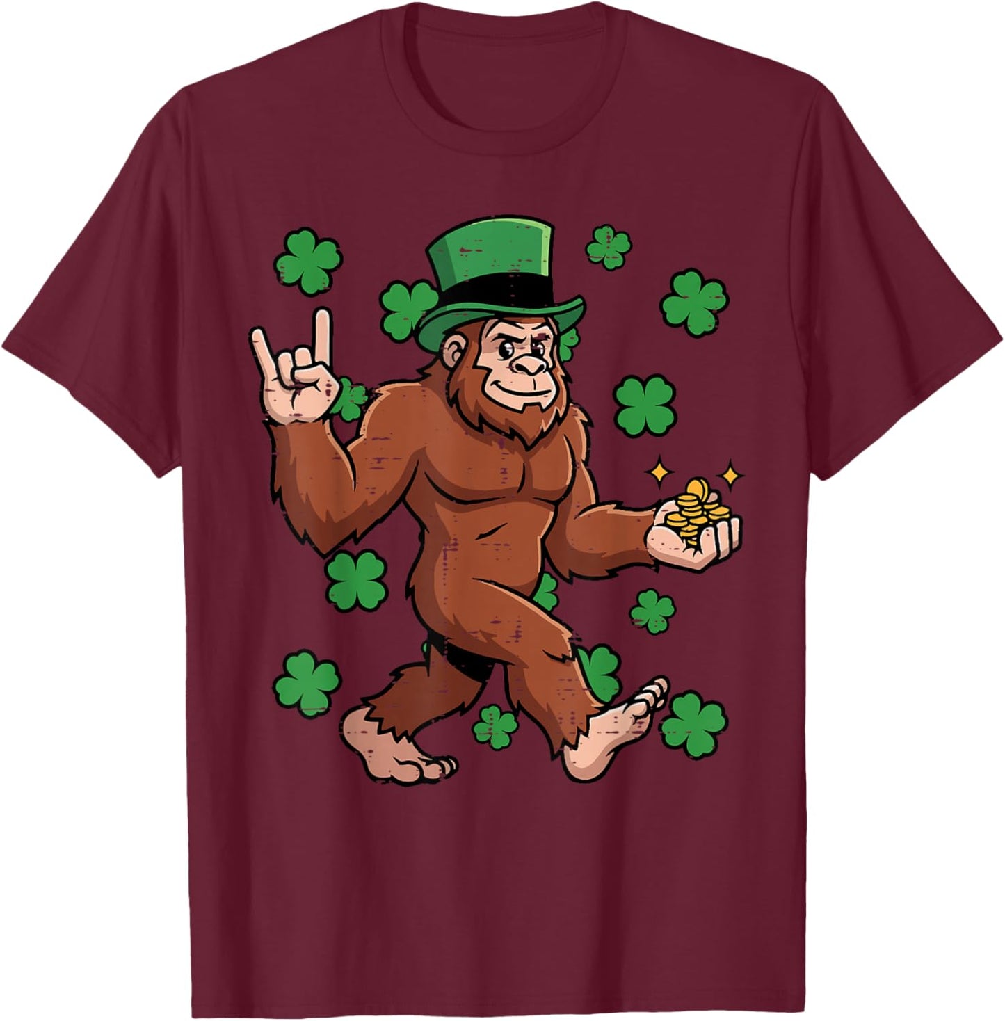 St Patricks Day Bigfoot Rocker Sasqutach Paddys Men Boys Kid T-Shirt - T-Shirt | Maroon
