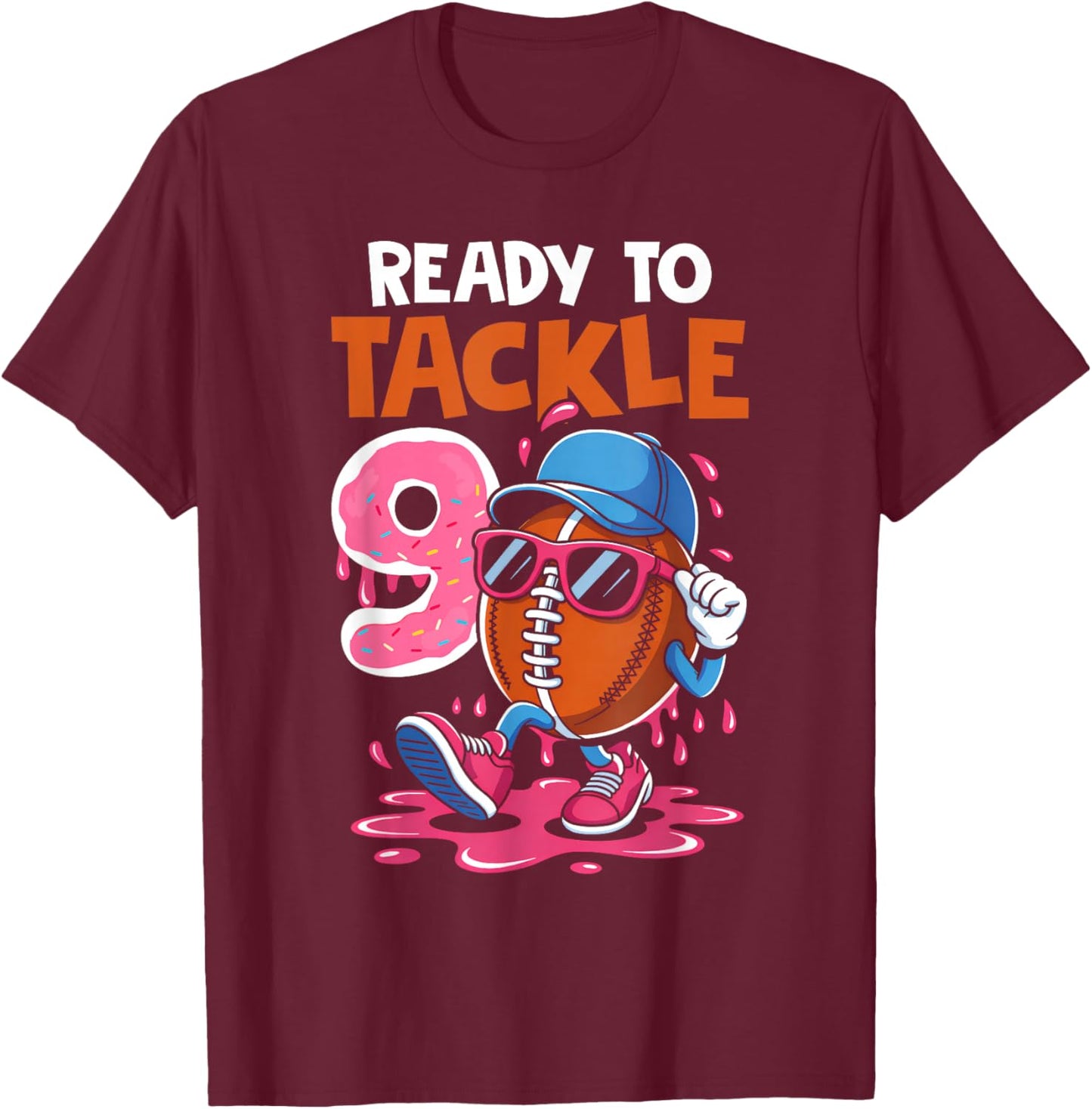 Ready to Tackle 9 Fun Football Birthday Design for Kids T-Shirt - T-Shirt | Maroon
