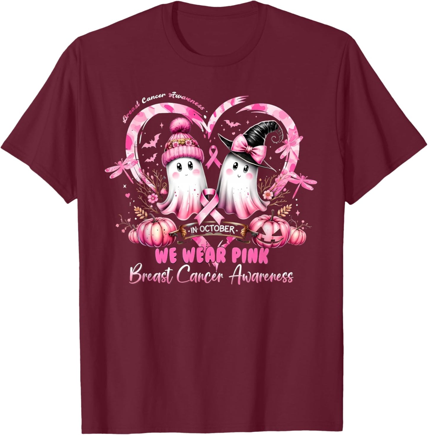 in October We Wear Pink Breast Cancer Heart Dragonflies T-Shirt - T-Shirt | Maroon