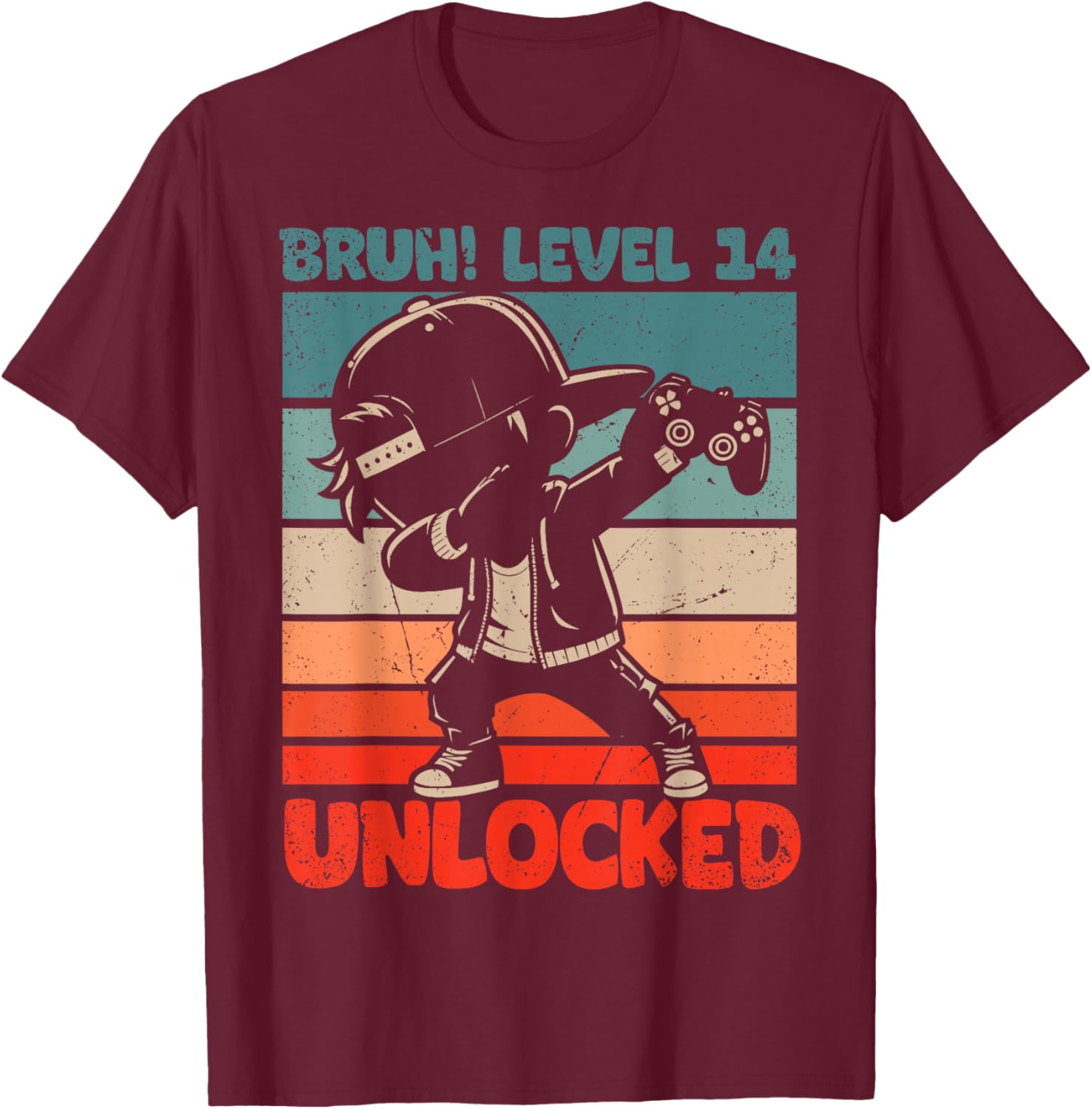 Bruh Level 14 Unlocked 14 Year Old 14th Birthday Dabbing Boy T-Shirt - T-Shirt | Maroon