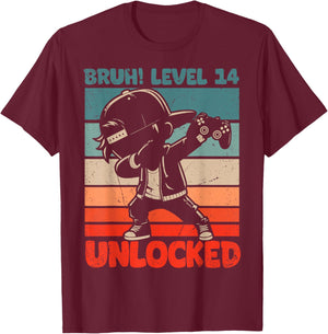 Bruh Level 14 Unlocked 14 Year Old 14th Birthday Dabbing Boy T-Shirt - T-Shirt | Maroon