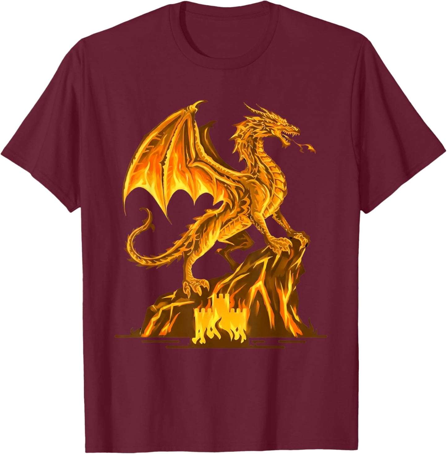 Golden Fire Dragon Fantasy Mythical Creature Mountain Art T-Shirt - T-Shirt | Maroon