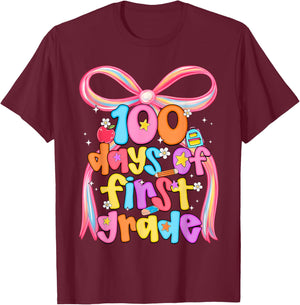 100 Days of 1st Grade Teacher Coquette Bow Girl Women T-Shirt - T-Shirt | Maroon