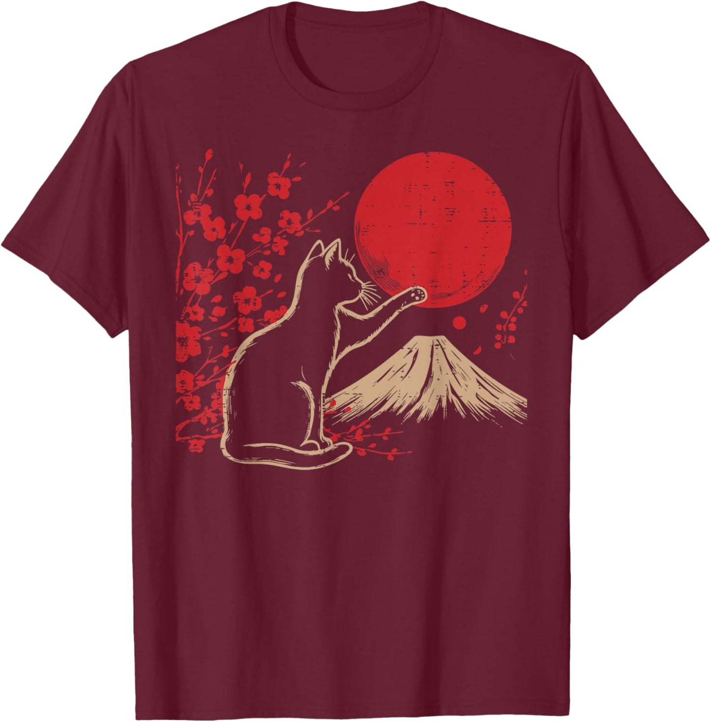 Japanese Cat Cherry Blossom Mountain Sun Art Women Men Kids T-Shirt - T-Shirt | Maroon