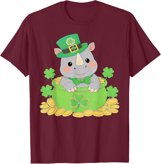 Rhino St. Patrick’s Day Irish Shamrock Leprechaun Rhinoceros T-Shirt - T-Shirt | Maroon