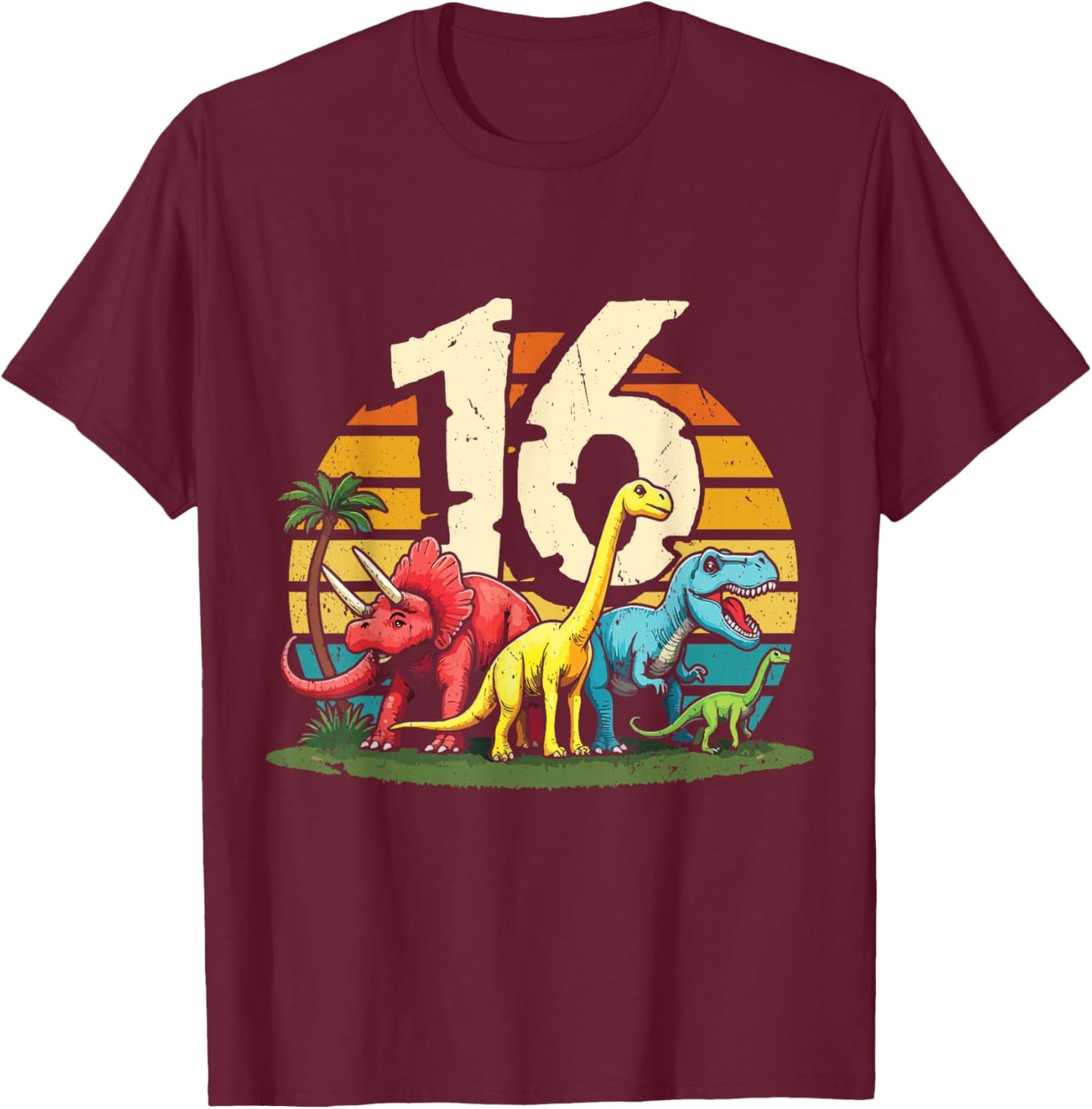 16th Birthday TRex Dinosaur 16 Year Old Boy Girl T-Shirt - T-Shirt | Maroon
