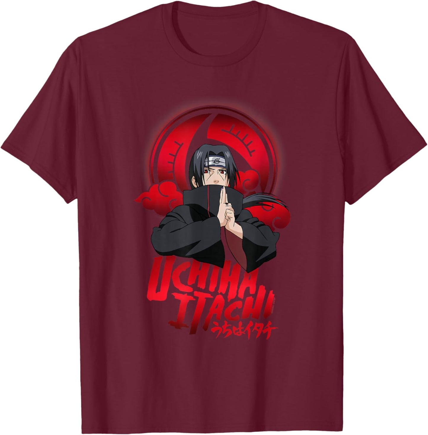 Naruto Uchiha Itachi Sharingan Symbol with Clouds Anime T-Shirt - T-Shirt | Maroon
