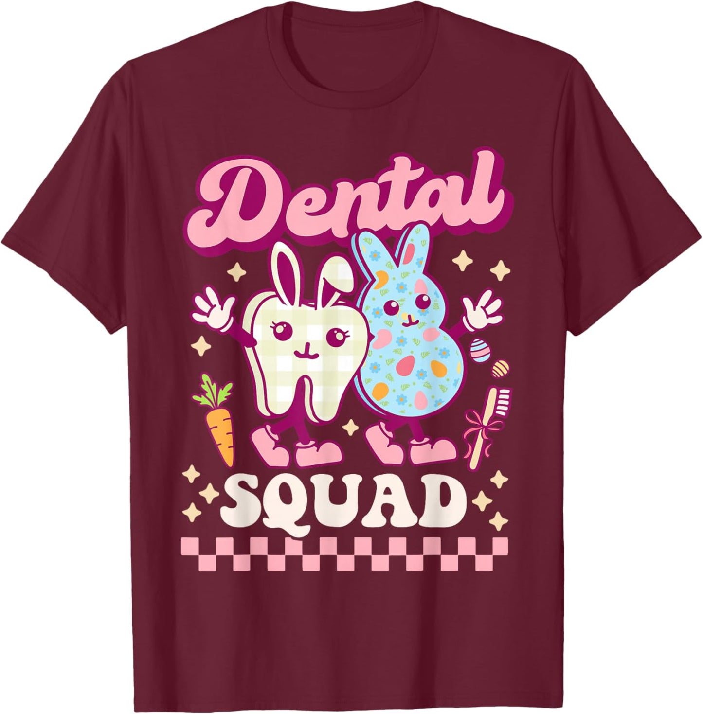 Dental Squad Easter Groovy Hygienist Dentist Bunny Tooth RDH T-Shirt - T-Shirt | Maroon