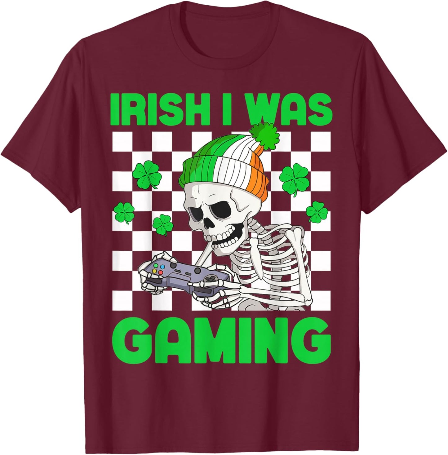 Irish I was Gaming Boys St Patricks Day Skeleton Gamer T-Shirt - T-Shirt | Maroon