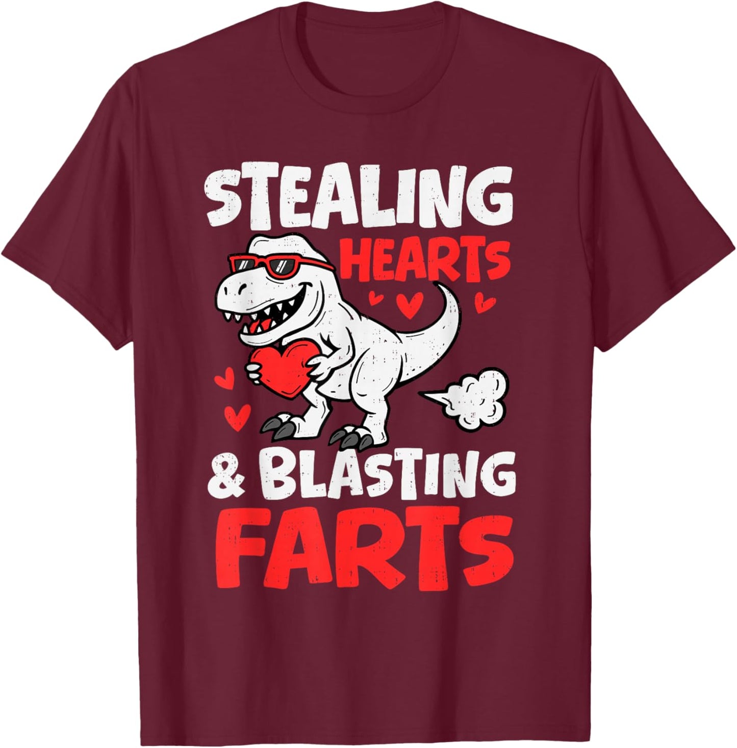 Funny Dino Stealing Hearts Blasting Farts Valentines Day Boy T-Shirt - T-Shirt | Maroon