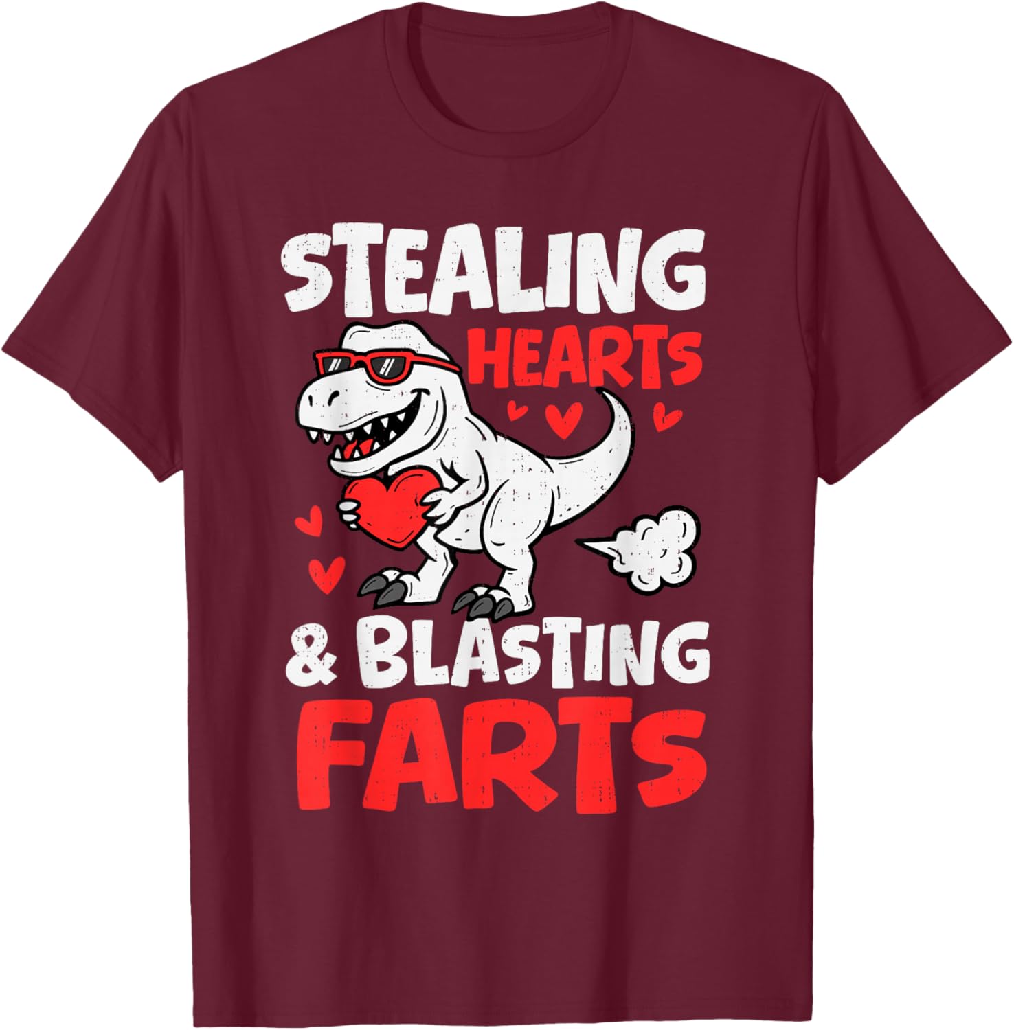 Funny Dino Stealing Hearts Blasting Farts Valentines Day Boy T-Shirt - T-Shirt | Maroon