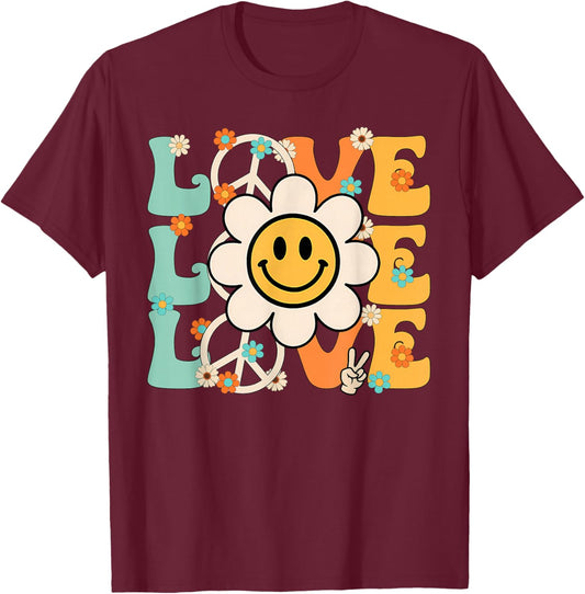 Peace Sign Love Flower 60S 70S Tie Dye Hippie Costume T-Shirt - T-Shirt | Maroon