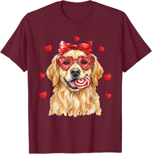 Cute Golden Retriever Valentine Heart Candy Valentines Day T-Shirt - T-Shirt | Maroon