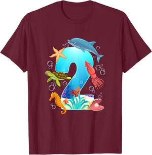 2nd Ocean Birthday Party 2 Year Old Sea Animals T-Shirt - T-Shirt | Maroon