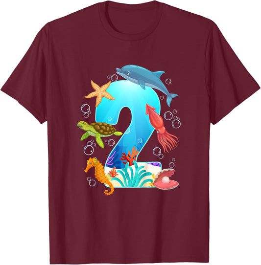 2nd Ocean Birthday Party 2 Year Old Sea Animals T-Shirt - T-Shirt | Maroon