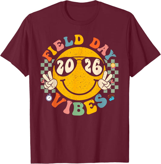 Field Day 2026 Vibes Groovy Smile Face Checkered T-Shirt - T-Shirt | Maroon