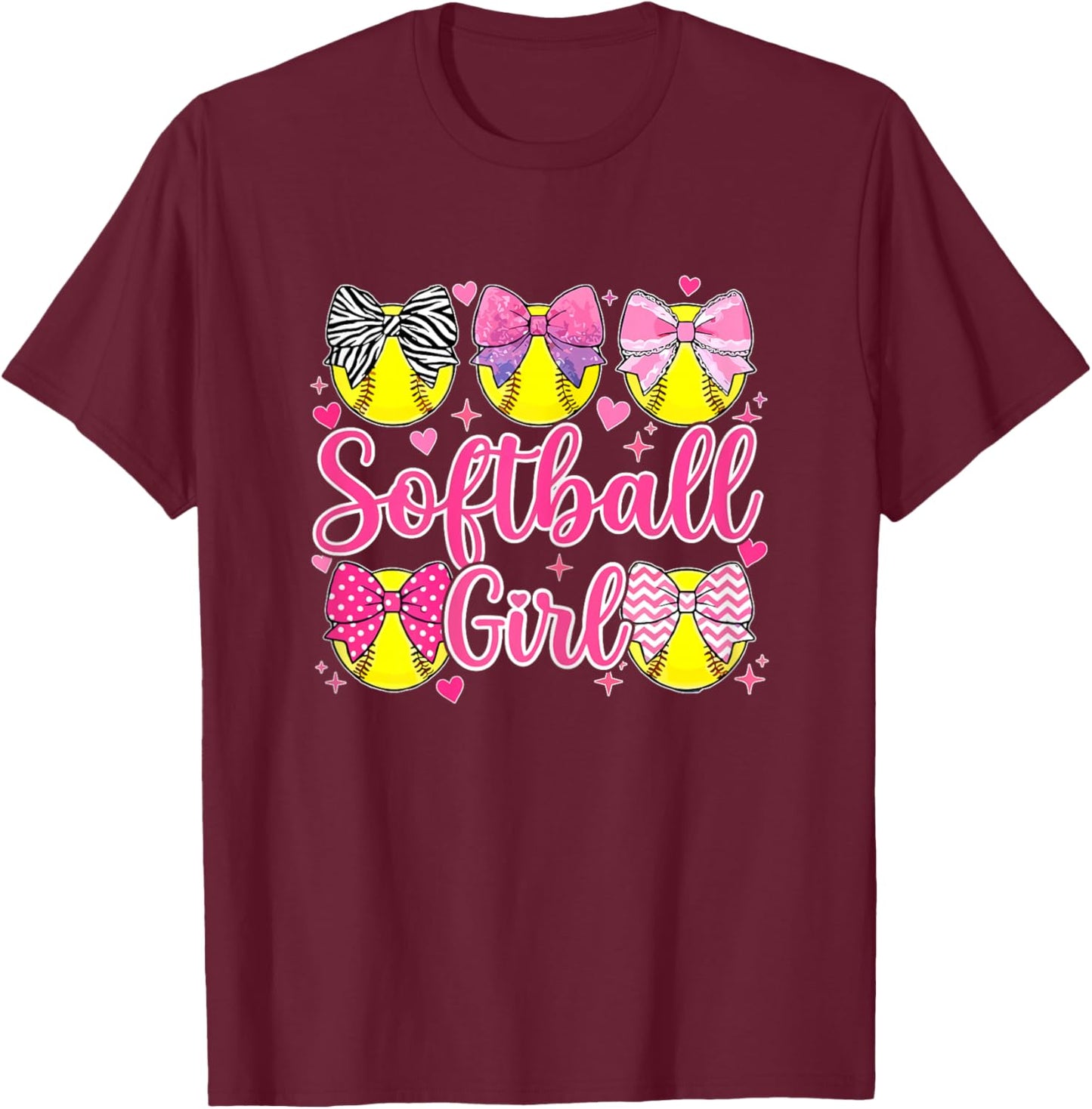 Softball Girl Coquette Bow T-Shirt - T-Shirt | Maroon