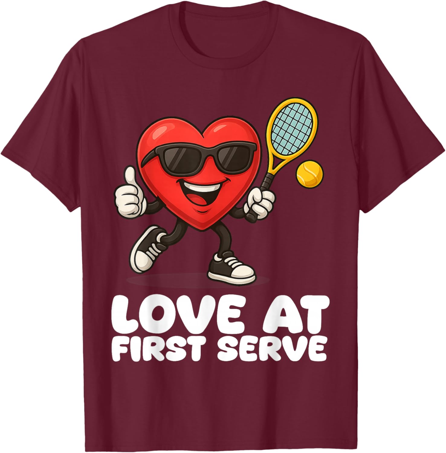 Tennis Valentine Heart Cartoon Winning Love T-Shirt - T-Shirt | Maroon