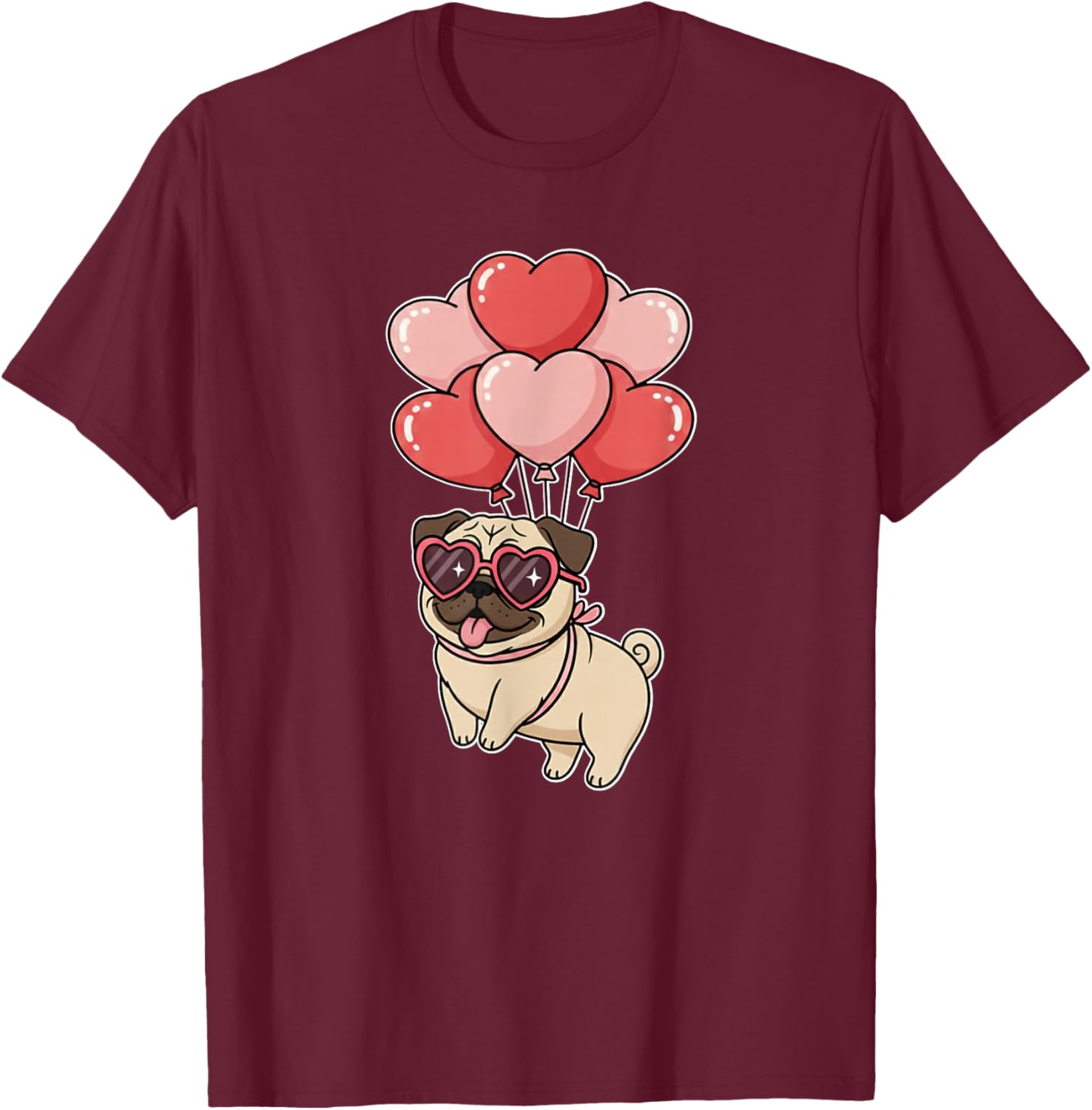 Girls Women Valentines Day Heart Balloons Tan Fawn Pug Lover T-Shirt - T-Shirt | Maroon