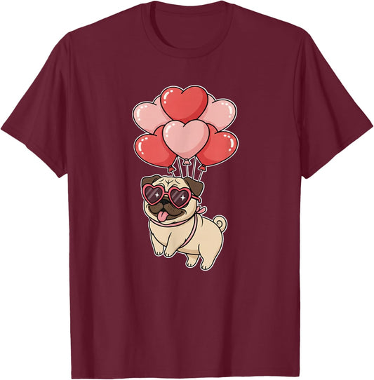 Girls Women Valentines Day Heart Balloons Tan Fawn Pug Lover T-Shirt - T-Shirt | Maroon